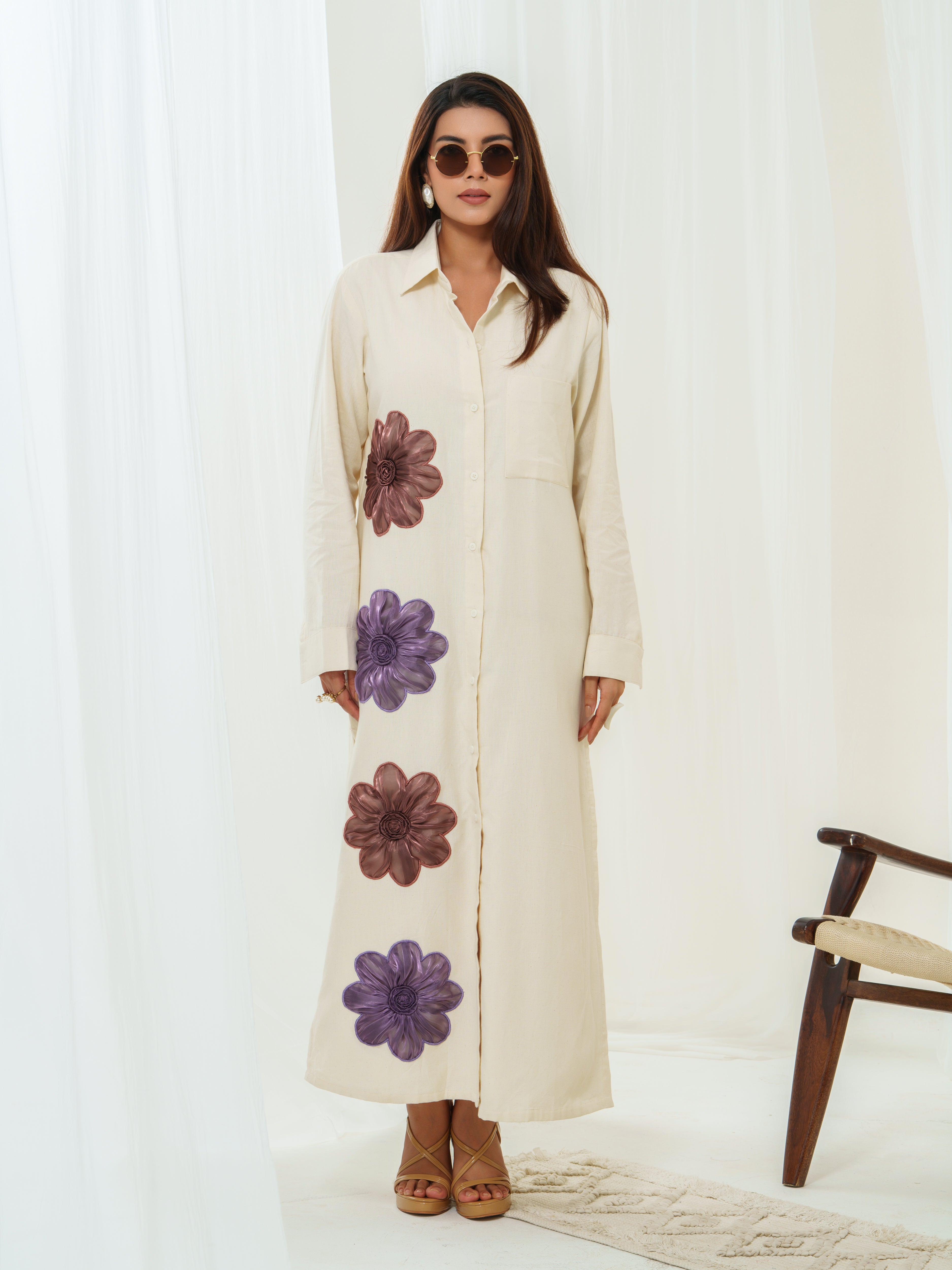 Handloom embellished tissue flower shirt dress