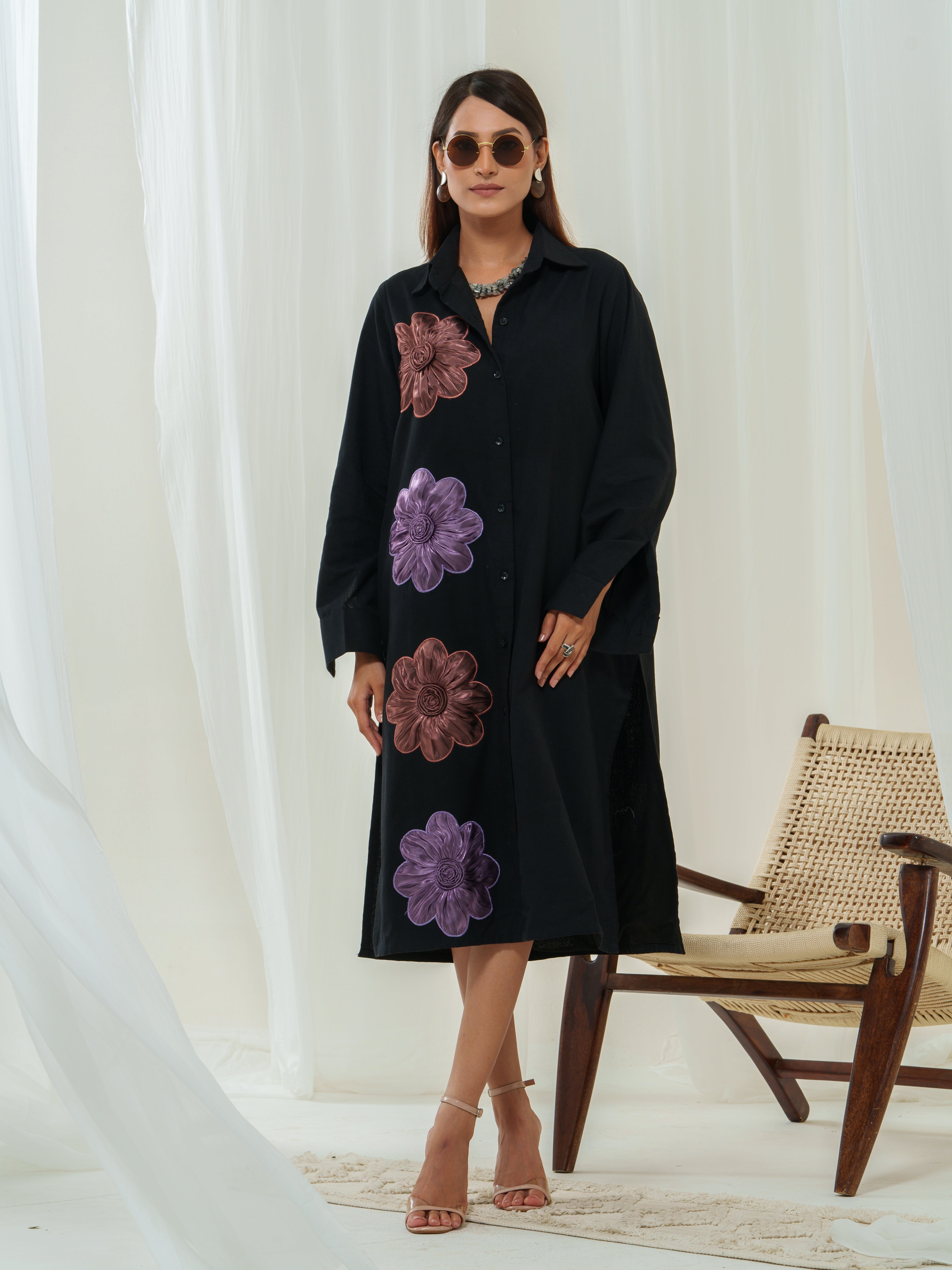 Handloom embellished & tissue flower shirt dress
